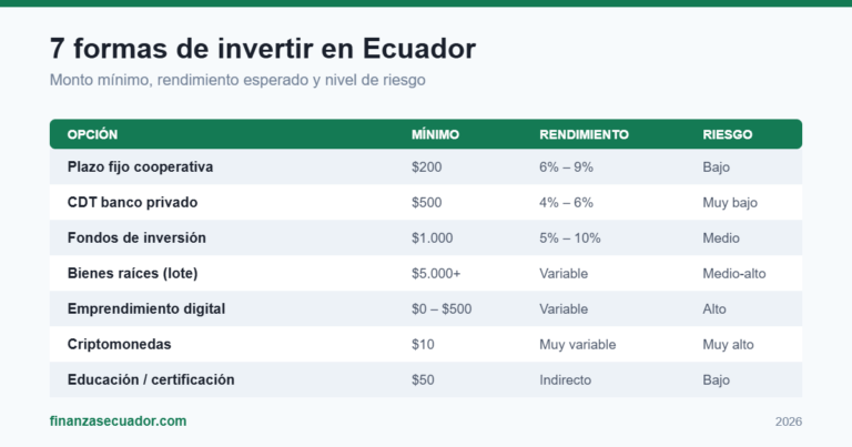 Comparativa de 7 opciones de inversión en Ecuador 2026 con monto mínimo, rendimiento y riesgo