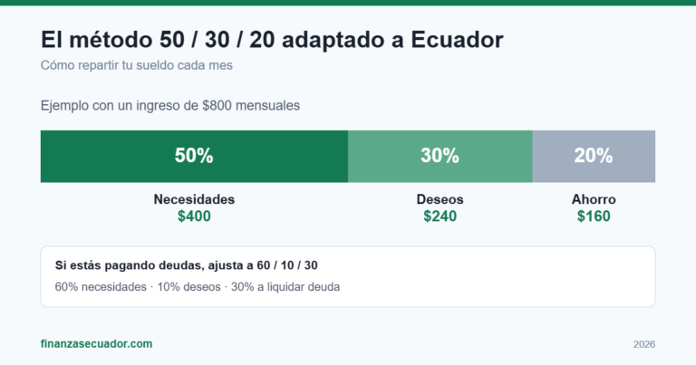 Método 50/30/20 para ahorrar en Ecuador con ejemplo de sueldo de 800 dólares